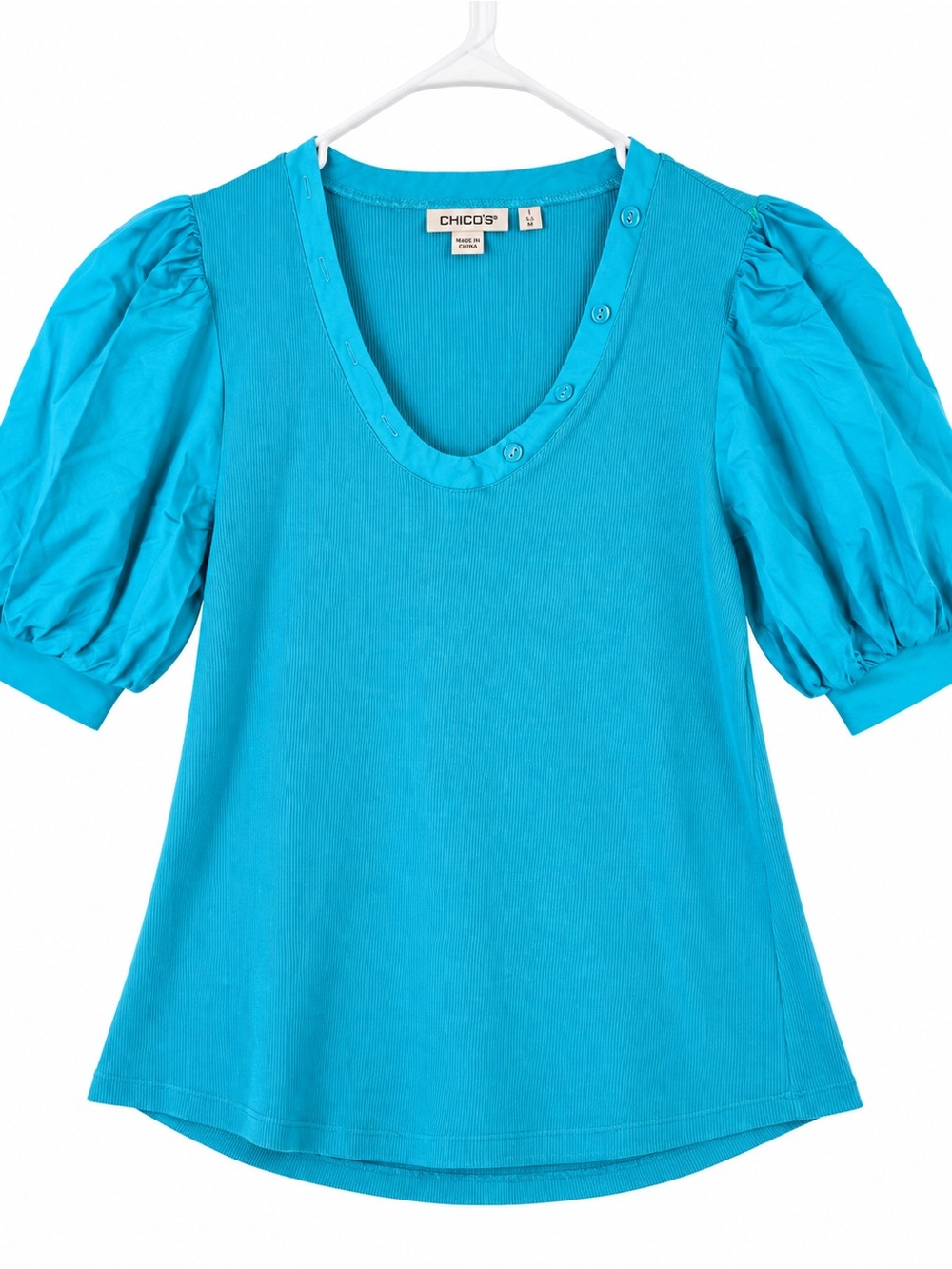 Chico’s Teal Ribbed Puff Sleeve Button Neck Top Size 1 / Medium